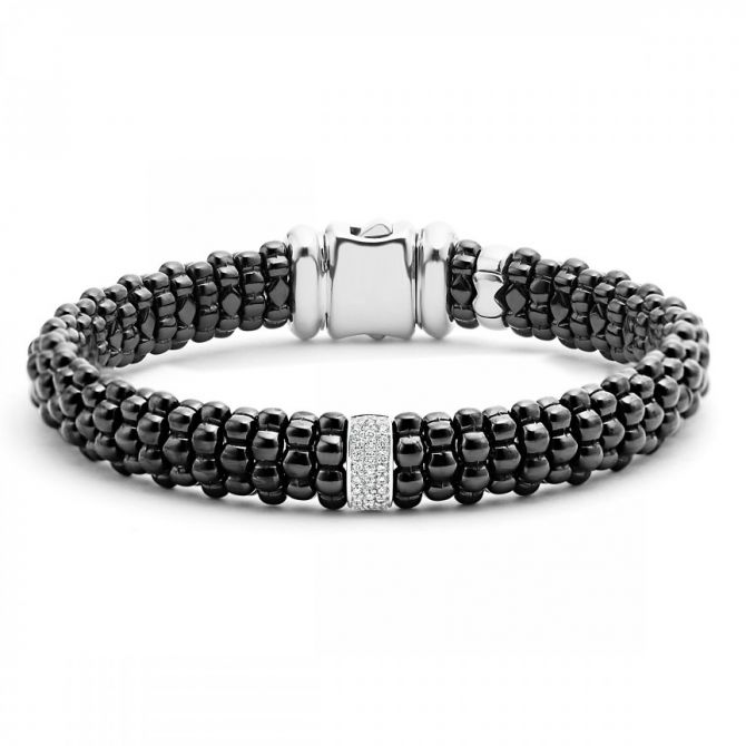 LAGOS Sterling Silver Round Diamond Bar Black Caviar Beaded Bracelet