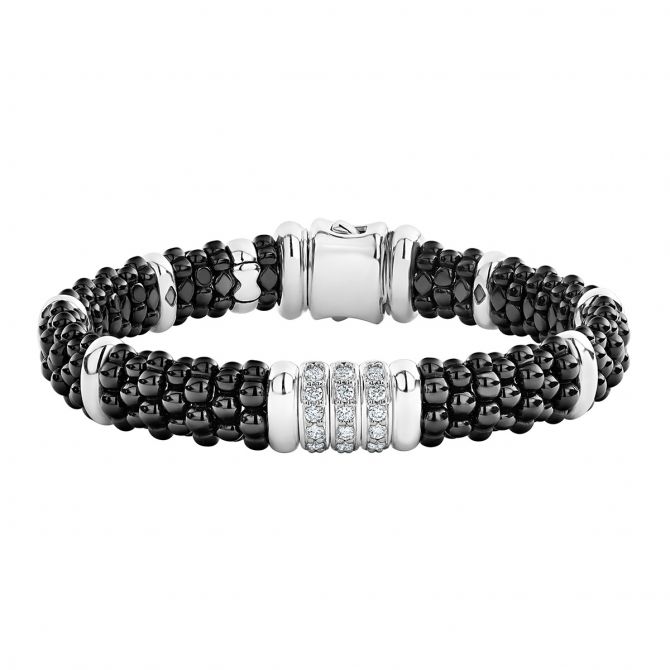 LAGOS Sterling Silver Black Caviar & Diamond 3 Station 9 mm Bracelet, 7"