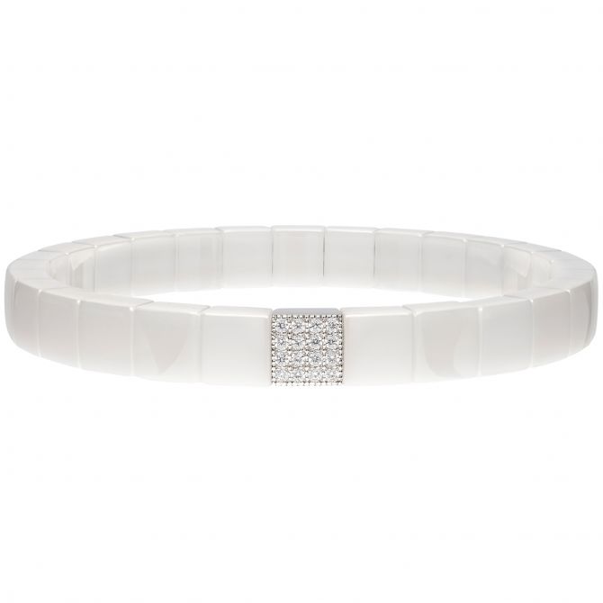 Roberto Demeglio Scacco Stretch Bracelet in White Ceramic with Diamond Pavé Station