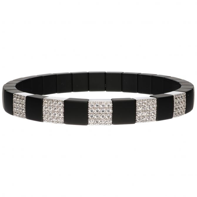 Roberto Demeglio Scacco Stretch Bracelet in Matte Black Ceramic with 5 Diamond Stations