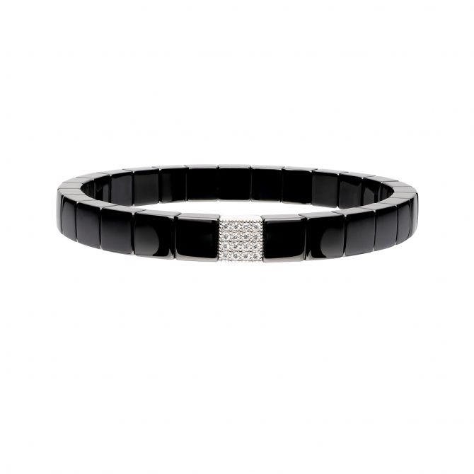 Roberto Demeglio Scacco Stretch Bracelet in Black Ceramic with Diamond Pavé Station