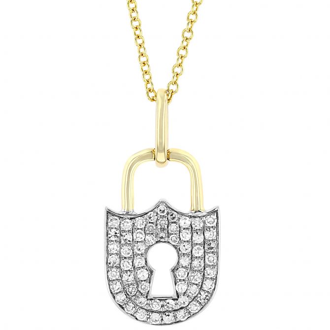 Diamond Pavé Lock Pendant in Two Tone Gold, 16"