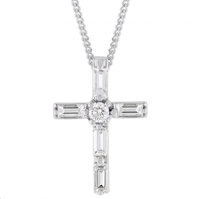 Baguette & Round Diamond Cross Pendant in White Gold, 16"