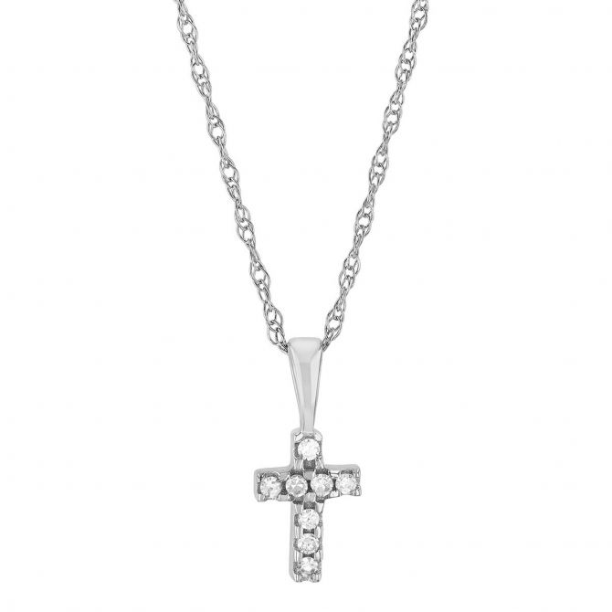 Diamond Prong Set 8 Stone Cross Pendant in White Gold, 15"