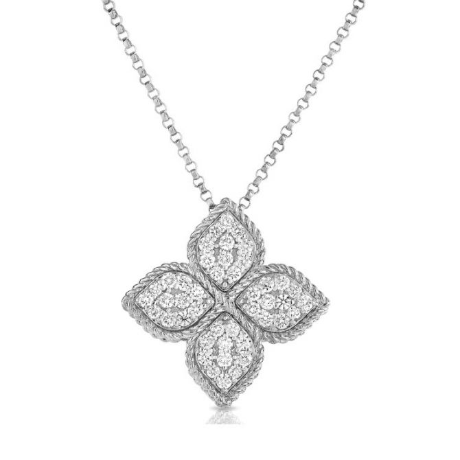 Roberto Coin Princess Flower Large White Gold Pendant Necklace with Diamonds