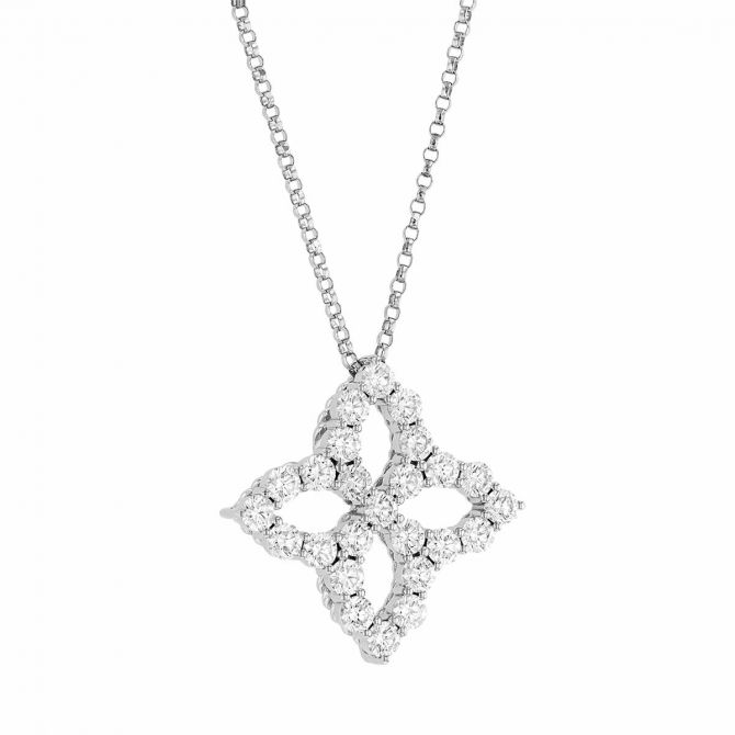 Roberto Coin Open Princess Flower Large White Gold Pendant Necklace with  Diamonds, 18