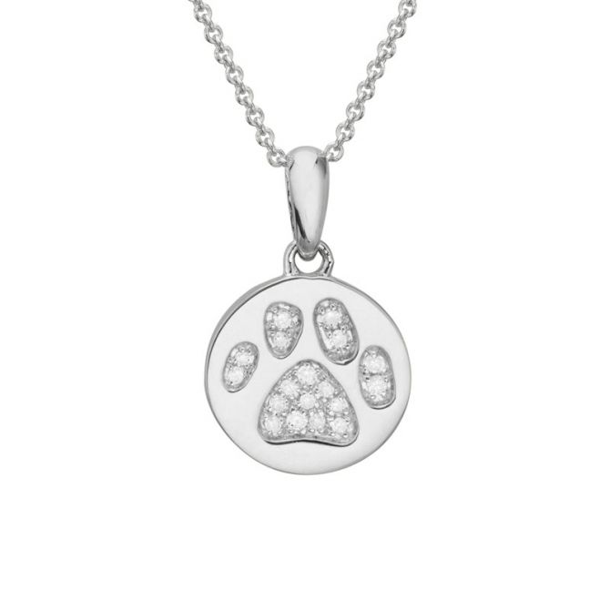 Diamond Pavé Paw Print Disc Pendant in White Gold, 18"