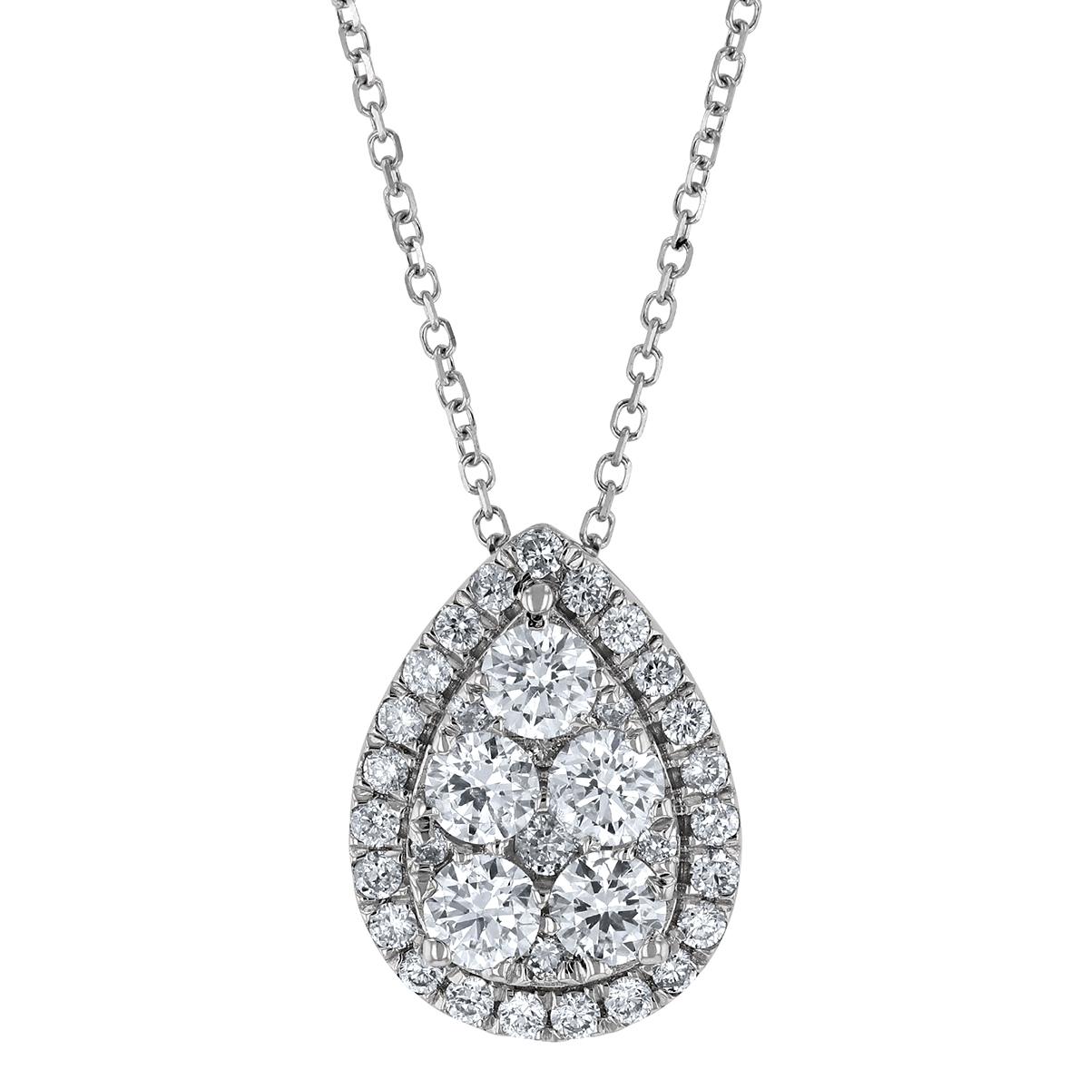 Diamond Cluster Teardrop Pendant in White Gold, 18