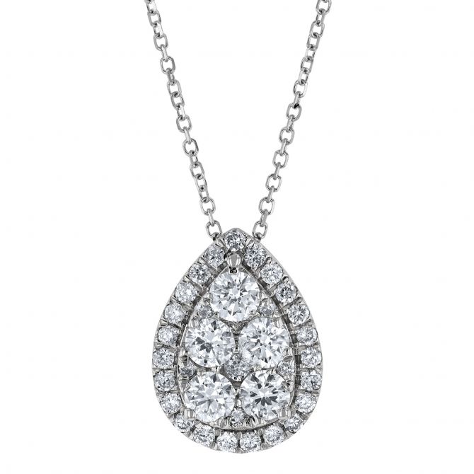 Diamond Cluster Teardrop Pendant in White Gold, 18"