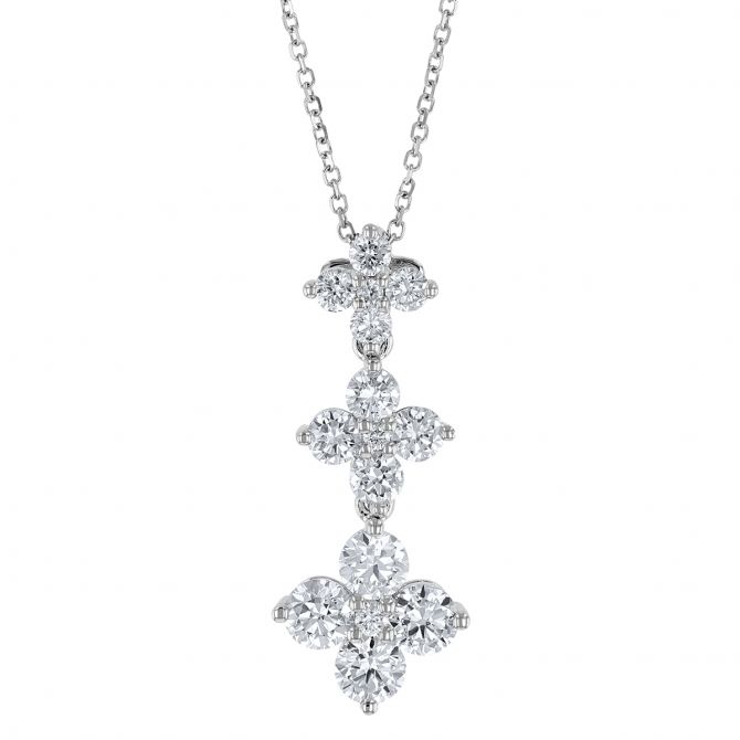 Diamond 3 Flower Drop Pendant in White Gold, 18"