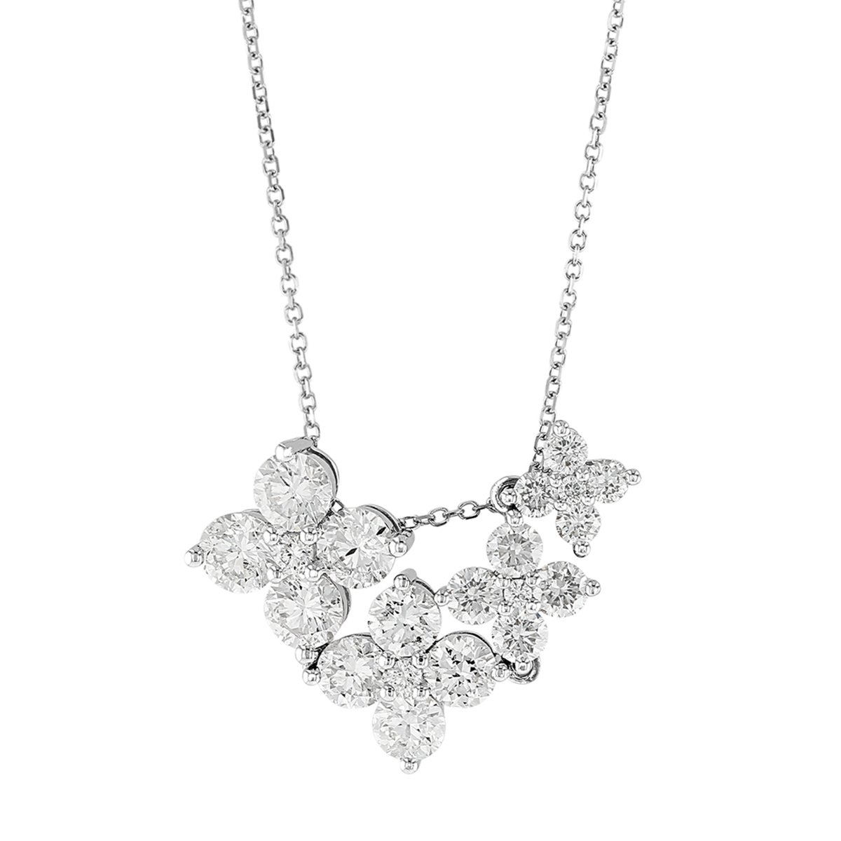 Diamond 4 Flower Cluster Necklace in White Gold, 18