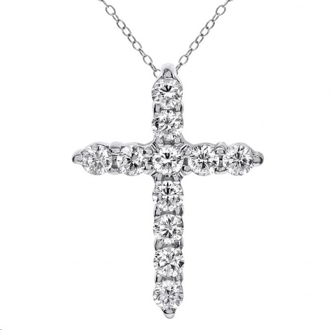 Diamond Cross Pendant in White Gold, 0.75 cttw