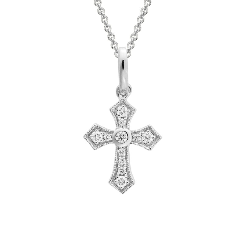 Diamond Pointed Small Cross Pendant in White Gold, 18