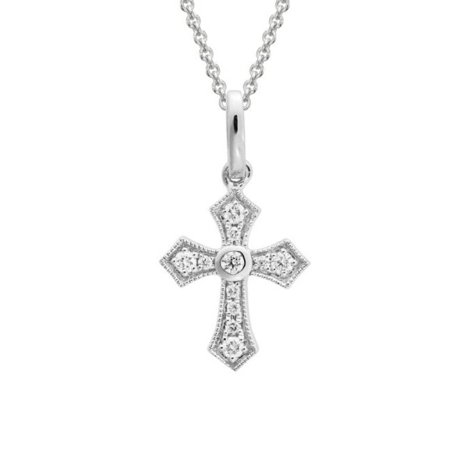 Diamond Pointed Small Cross Pendant in White Gold, 18"