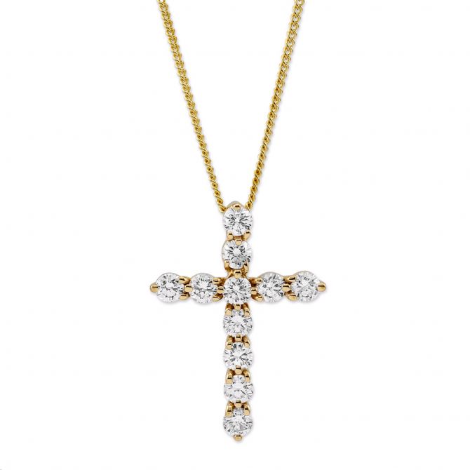 11 Diamond Cross Pendant in Yellow Gold, 16"