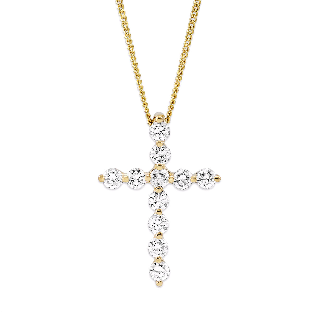 11 Diamond Shared Prong Cross Pendant in White Gold, 16