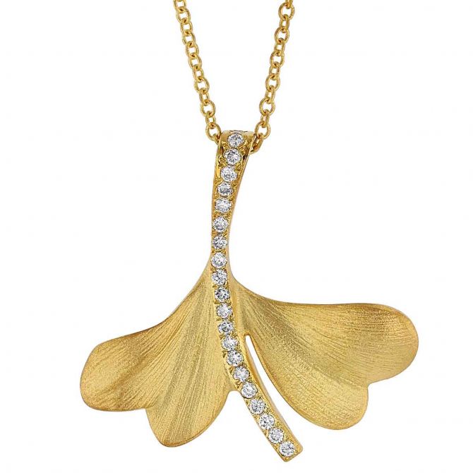 Marika Yellow Gold Ginkgo Leaf Pendant with Diamonds, 18"