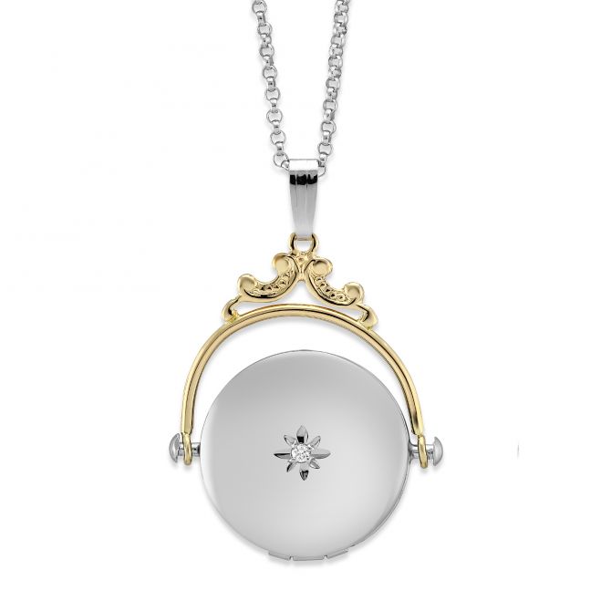 14K Yellow Gold & Sterling Silver Diamond Spinner Locket, 18"