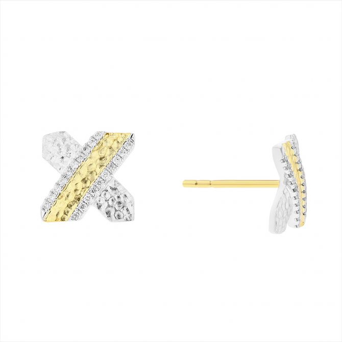 Diamond & Hammered White & Yellow Gold X Stud Earrings