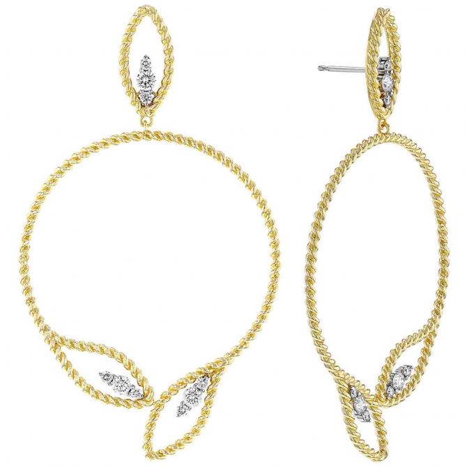 Roberto Coin Barocco Two Tone Beaded Leaf Pattern Circle Drop Earrings with Diamonds