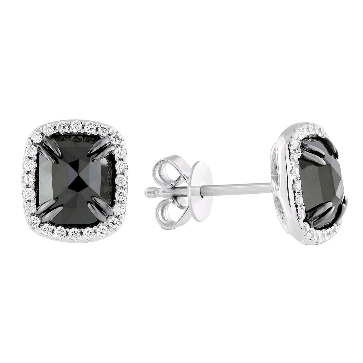 Rosecut Cushion Black Diamond & White Diamond Halo Earrings in White ...