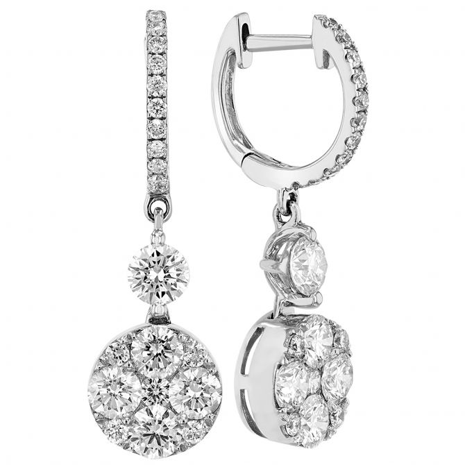 Diamond Cluster Disc Dangle Huggie Earrings in White Gold