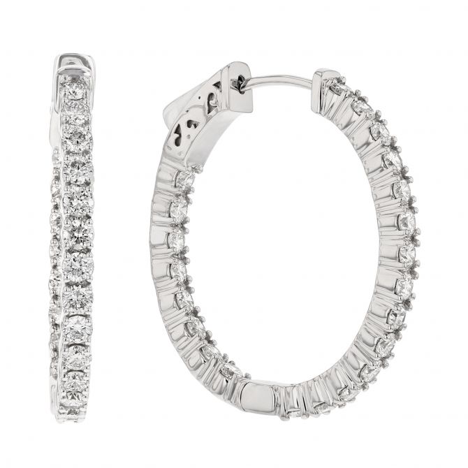 Diamond Inside Out Oval Hinged Hoop Earrings in White Gold, 2.50 cttw