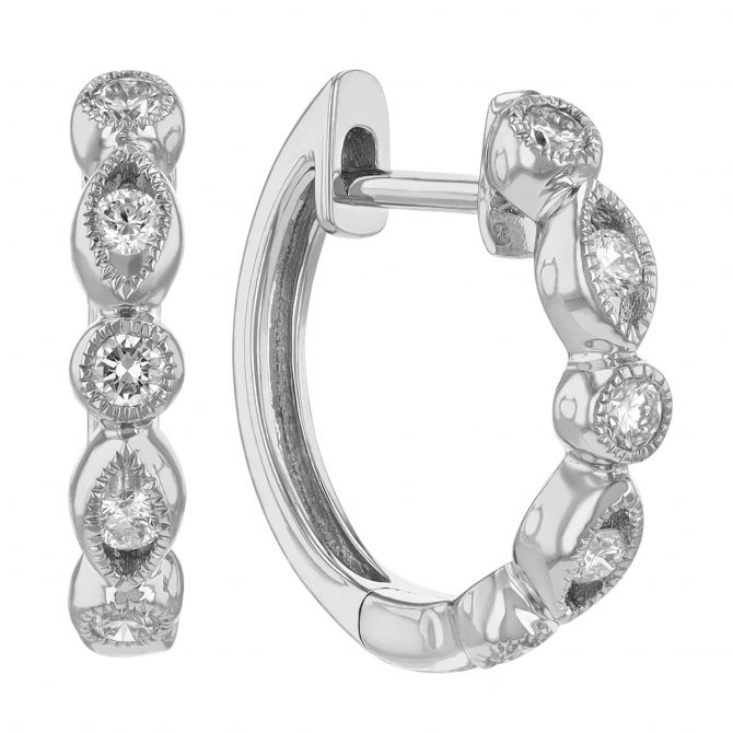 Diamond Marquise Shaped & Bezel Set Milgrain Hoop Earrings in White Gold