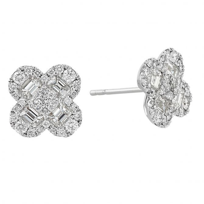 Baguette & Round Diamond Cluster Clover Earrings in White Gold