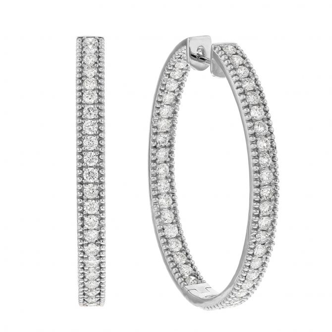 Diamond Milgrain Inside Out Oval Hinged Hoop Earrings in White Gold2, 2.25 cttw