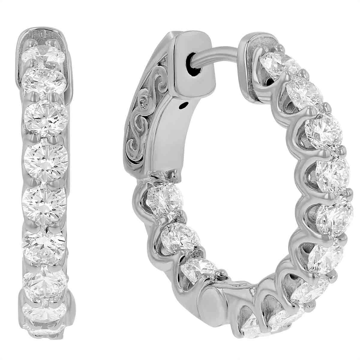 14K White Gold Diamond Inside Out Huggie Hoop Earrings, 1.65 cttw ...