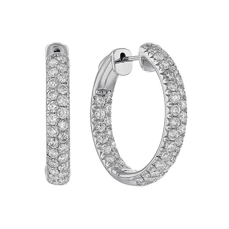 Diamond 2 Row Inside Out Push-Lock Hoop Earrings in White Gold, 2.00 ...