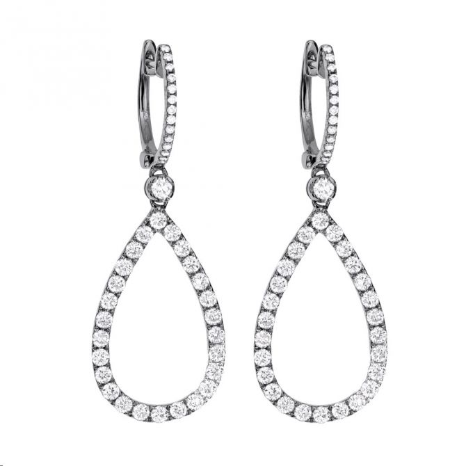 Diamond Teardrop Open Dangle Earrings in White Gold