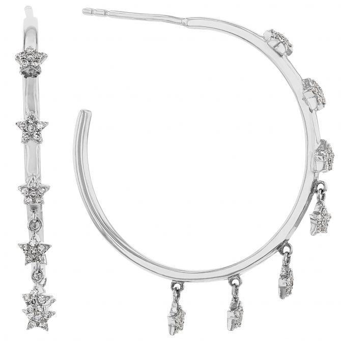 Diamond Star Dangle Fringe Hoop Earrings in White Gold