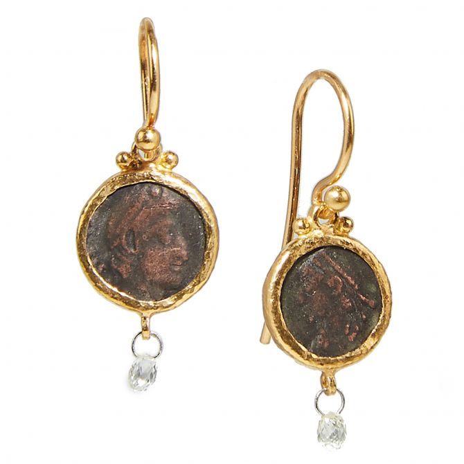 Gurhan Antiquities Roman Coin & Diamond Briolette Drop Earrings in Yellow Gold