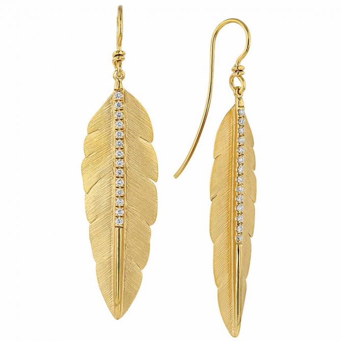 Marika Diamond Feather Drop Earrings in Yellow Gold