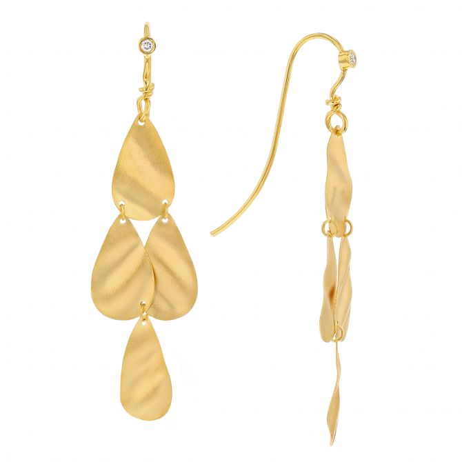 Marika Diamond Ripple Textured Tiered Teardrop Earrings in Yellow Gold