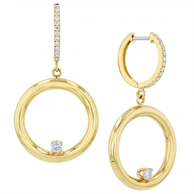 Yellow Gold Circle Hinged Dangle Earrings with Diamond Accents