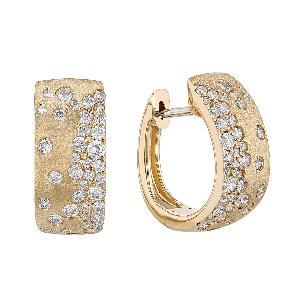 Satin Yellow Gold Huggie Hoop Earrings with Diamond Scatter Inlay ...