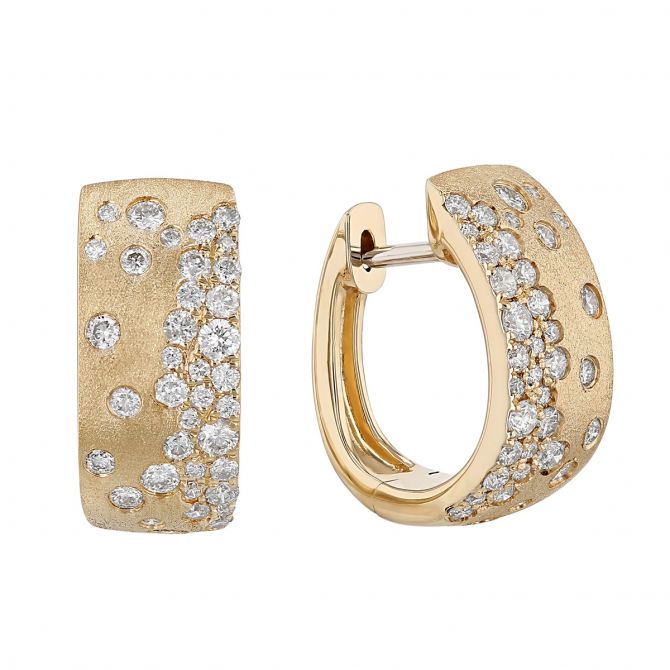 Satin Yellow Gold Huggie Hoop Earrings with Diamond Scatter Inlay