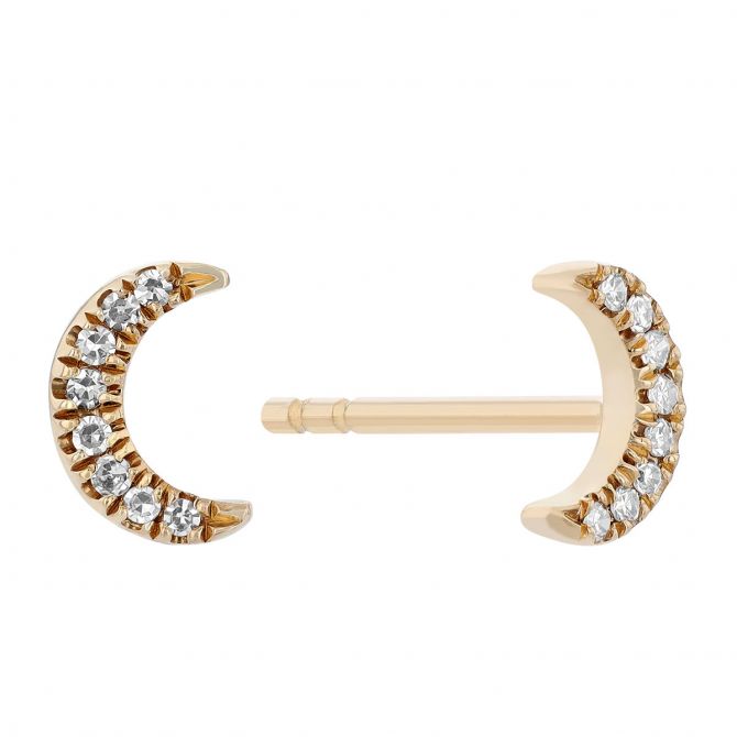 Diamond Crescent Moon Stud Earrings in Yellow Gold