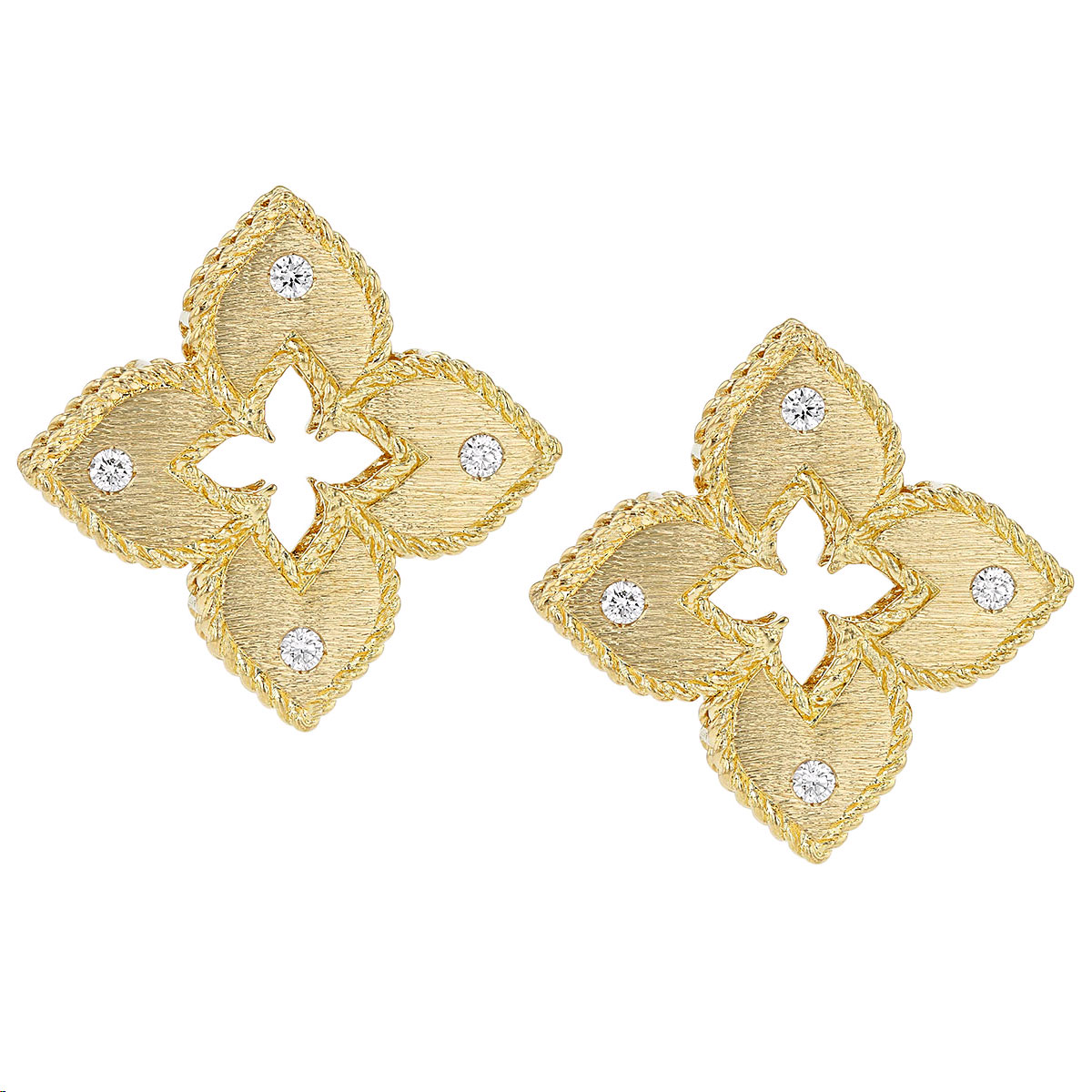 Roberto Coin Princess Flower Diamond Post Earrings in Satin Yellow Gold ...