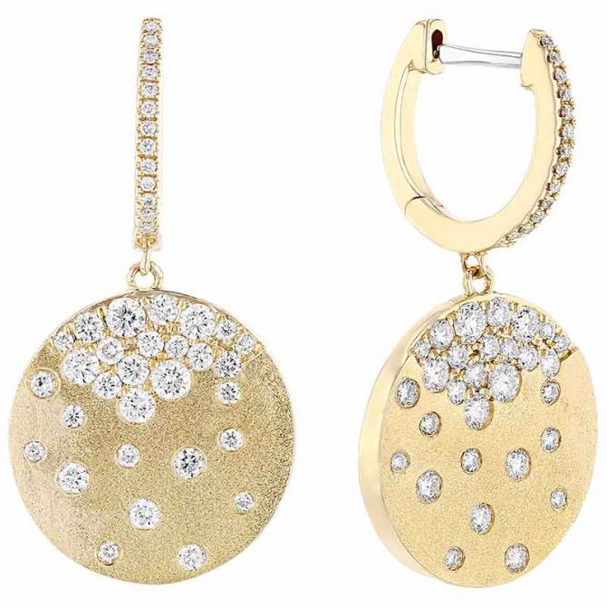 Diamond Scatter Inlay Disc Dangle Huggie Earrings in Satin Yellow Gold