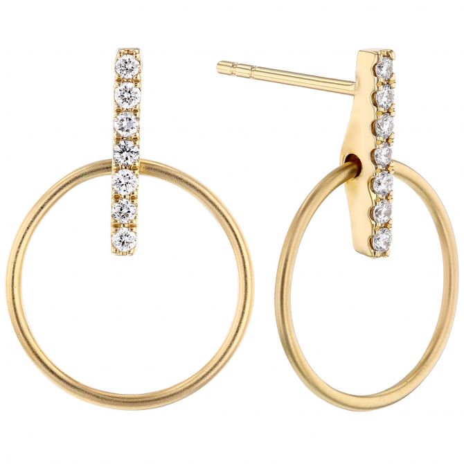 Diamond Bar & Open Circle Post Back Drop Earrings in Yellow Gold