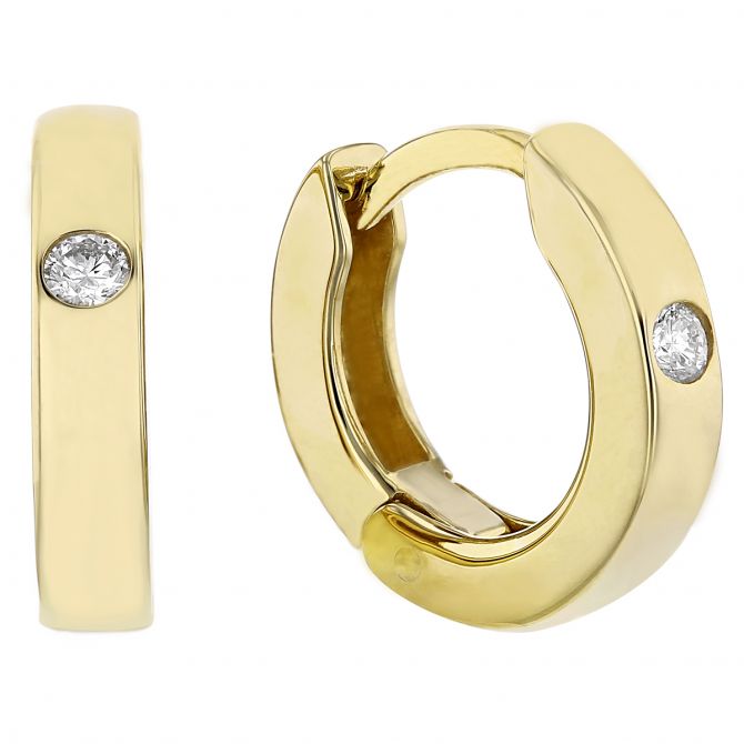 Yellow Gold Huggie Hoop Earrings with Flush Set Diamonds, 12 mm