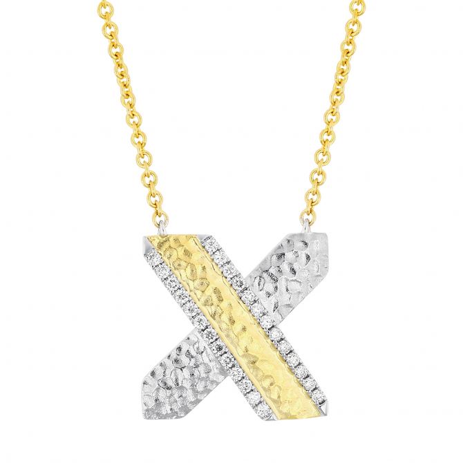 Diamond X Necklace with Hammered White & Yellow Gold