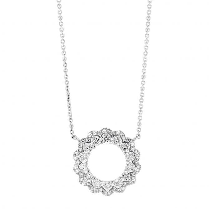 Diamond Circle Necklace with Double Scallop in White Gold