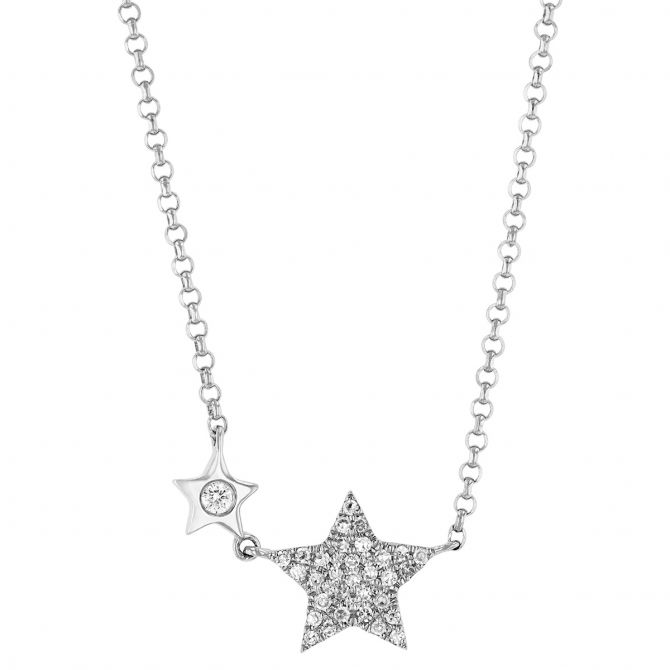 Diamond Pavé 2 Star Necklace in White Gold, 18"