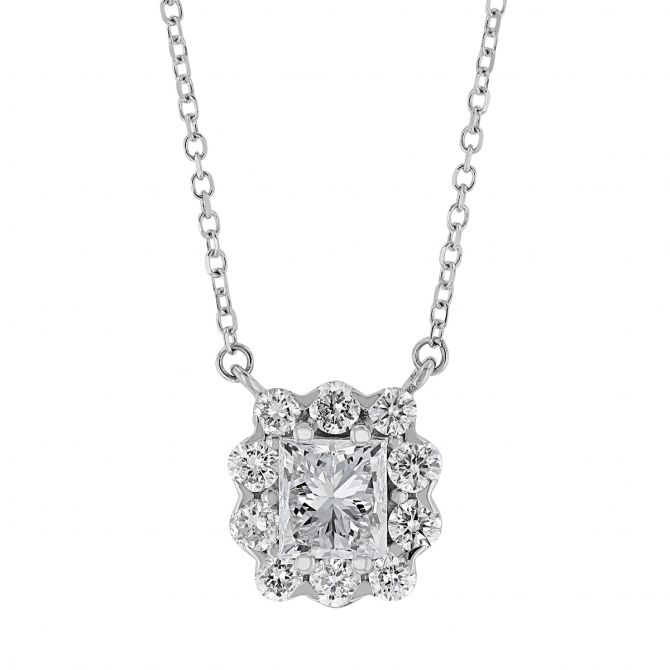 Princess Cut Diamond Pendant with Scalloped Halo in White Gold, 18"