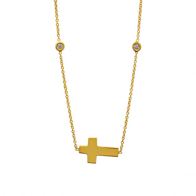 Roberto Coin Horizontal Cross Pendant with Diamond Station Chain in Yellow Gold, 19"